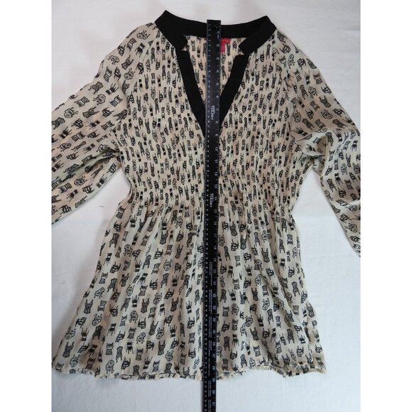 Sunny Leigh Womenβs Smocked Tunic Top Size XL Black Chair Print LS Semi Sheer - Picture 12 of 16